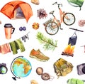 Tent, camp fire, bicycle, backpack, touristic equipment. Seamless pattern. Watercolor for travel design, Tourist day