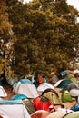 Tent camp in the forest, a lot of tents. Rest in the forest at the festival