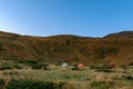 Tent camp near Lake Nesamovyto, morning in a camp town in the mountains. Royalty Free Stock Photo