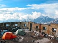 Tent camp on the slope of the mount Elbrus. Caucasus, Russia. Royalty Free Stock Photo