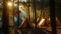 A tent camp of vintage tents in the rays of the setting sun. Royalty Free Stock Photo