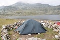 Tent camped near Lake Bucura, Retezat massif, Romania.