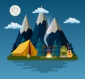 Tent, campfire, mountains, forest and water. Royalty Free Stock Photo