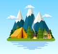 Tent, campfire, mountains, forest and water. Royalty Free Stock Photo