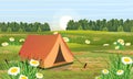 Tent for camping and active tourism. Green meadow with chamomiles and tall lush grass. Forest with deciduous trees on the horizon Royalty Free Stock Photo