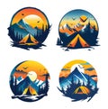 Tent camping forest mountain landscape tourist vector round concepts. Outdoor activity wild nature exploration colorful Royalty Free Stock Photo