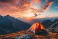 Tent camping in the mountains at sunrise. Beautiful summer landscape, camping tent high in the mountains at sunset, AI Generated