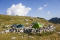 Tent camping near Bucura Glacier lake in Retezat mountain Royalty Free Stock Photo