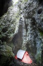 Tent in cave, extreme camping for climbers.