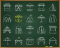 Tent chalk draw line icons vector set