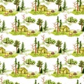 Tent in a clearing in the forest watercolor pattern Royalty Free Stock Photo