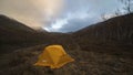 Tent and Clouds in Autumn Morning in Khibiny Mountains. Russia. Time Lapse