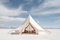 Tent in the desert. 3D rendering. Elements of this image furnished by NASA, light white and wood tent in the white desert, AI Royalty Free Stock Photo