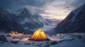 tent in the Everest mountains at sunset