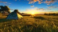 Tent in Field at Sunset, Tranquil, Natural Camping Experience. Hiking and outdoor recreation