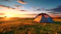 Tent in Field at Sunset, Tranquil, Natural Camping Experience. Hiking and outdoor recreation