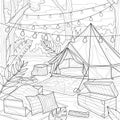 Tent in the forest with lanterns. Camping.Coloring book antistress for children and adults. Illustration isolated on