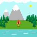 Tent in the forest, mountains and lake, campfire. Camping, outdoor recreation concept. Royalty Free Stock Photo