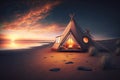 Tent Glamping on the Beach at Sunset - Generative AI