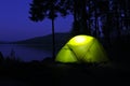 The tent glows in the night. Camping by the lake in a pine forest.