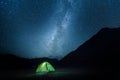 A tent glows under a night sky Milky May full of stars. Elbrus N