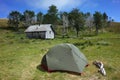 Tent on green grass by old wooden house and small forest on hill, Summer vacation, Camping at Refugio El Caulle Royalty Free Stock Photo