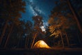 A tent is illuminated in the darkness as it stands alone in the woods under the moonlight, An idyllic camping scene under a