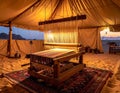 Tent interior with rug loom desert landscape visible Royalty Free Stock Photo