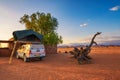 Tent located on the roof of a pickup 4x4 car in a desert camp, Namibia