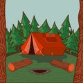 Tent in the middle of forest or camping ground