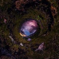 Tent in the mountains against the backdrop of purple clouds at sunset. Tiny planet 360vr panorama Royalty Free Stock Photo