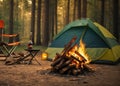 Tent, mountains, and campfire in the background at sunset. concept of travel and interests Royalty Free Stock Photo