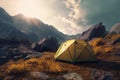 Tent in mountains sunshine. Generate Ai Royalty Free Stock Photo