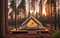 tent in the Pine forest retreat as the sun sets, a cozy luxuries camping tent stands amidst a serene pine forest,