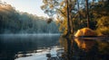 Tent Pitched on Lake Shore