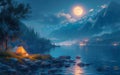 Tent is pitched on rocky shore of lake at night with full moon rising over the mountains. Royalty Free Stock Photo