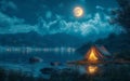 Tent is pitched on small island in lake at night with full moon shining over the mountains Royalty Free Stock Photo