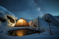 a tent pitched beside a snowy hot spring with stars above Royalty Free Stock Photo