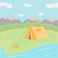 Tent is on river bank. Recreation in nature near lake. Camping. Fire is burning. Tourism. Mountain landscape. Flat Royalty Free Stock Photo