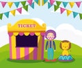 Tent sale ticket with clown and cute lion