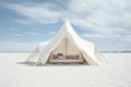 Tent on the salt flat of Salar de Uyuni, Bolivia, light white and wood tent in the white desert, AI Generated