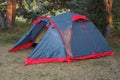 Tent set in a campground between trees in a forest in the sunlight Royalty Free Stock Photo