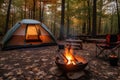 tent set up next to a roaring campfire