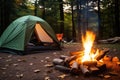 tent set up next to a roaring campfire