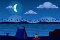 Tent on shore of tropical island at night landscape background in flat style. Tent camp and bonfire, overnight outdoor travel, Royalty Free Stock Photo