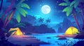 Tent in summer night tropic palm tree forest modern background. Moon in sky cartoon illustration. Adventure expedition Royalty Free Stock Photo