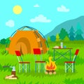 Mountains View, Tent in Coniferous Forest vector