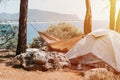 tent vacationing relaxing traveler on the seashore. man napping in a hammock and a pet dog. camping on a trip and hiking on the oc Royalty Free Stock Photo