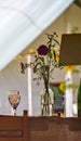 Tent wedding reception table setup. Elegant landscape capture.