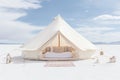 Tent on the white sand of the Dead Sea, light white and wood tent in the white desert, AI Generated Royalty Free Stock Photo